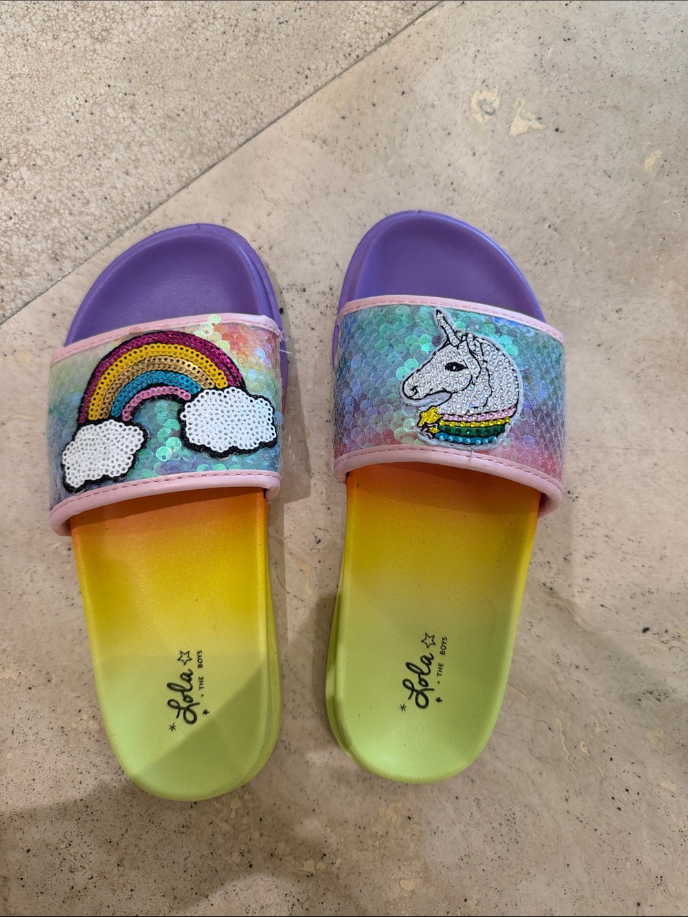 Lola and the Boys Sequin Unicorn & Rainbow Slide Sandals for Kids